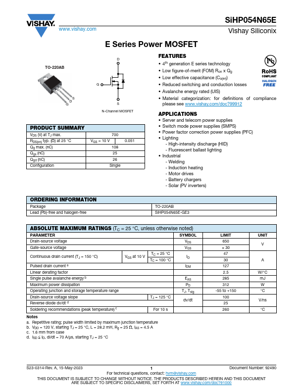 SiHP054N65E Datasheet Preview
