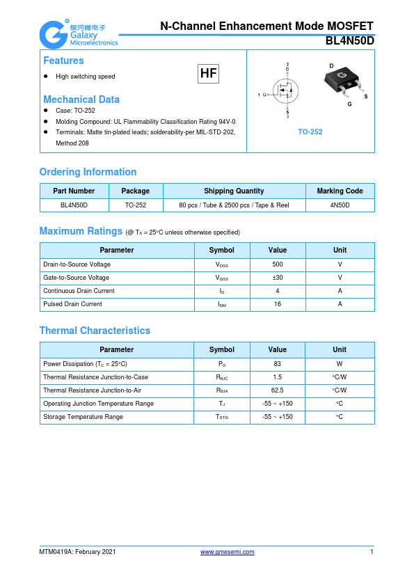 BL4N50D N-Channel Enhancement Mode MOSFET by GME - Datasheet Preview