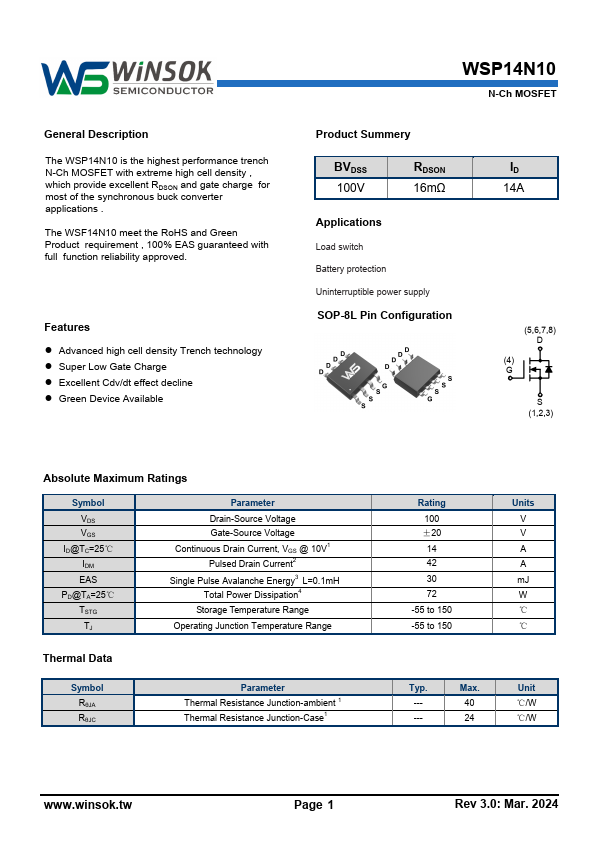 WSP14N10 Datasheet Preview