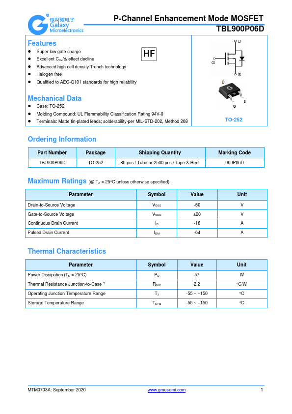 TBL900P06D P-Channel Enhancement Mode MOSFET by Galaxy Microelectronics - Datasheet Preview