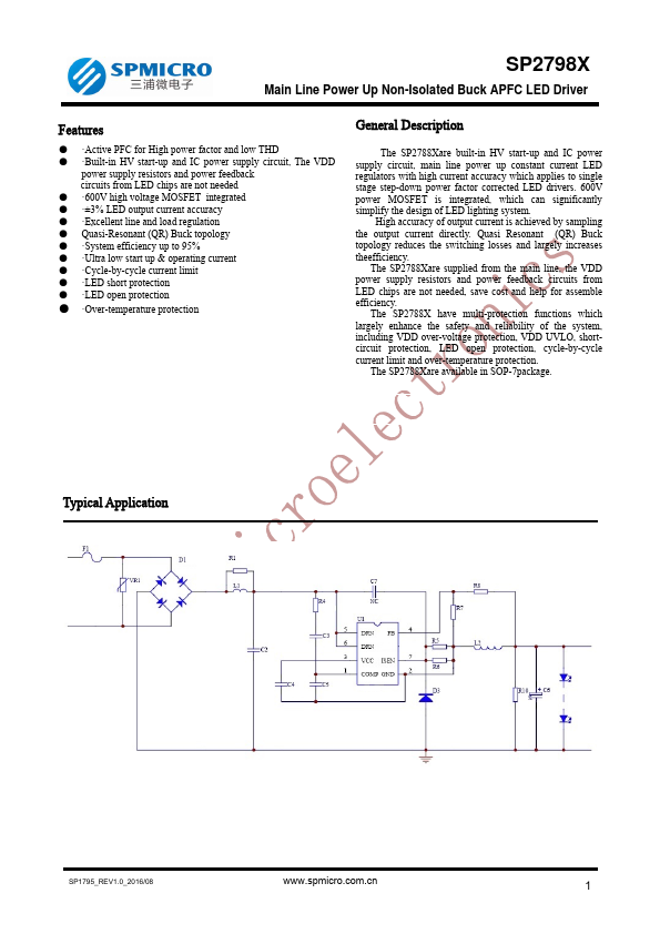 SP2798B Main Line Power Up Non-Isolated Buck APFC LED Driver by SPMICRO - Datasheet Preview