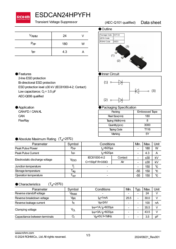 ESDCAN24HPYFH Transient Voltage Suppressor by ROHM - Datasheet Preview