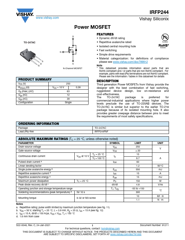 IRFP244 Datasheet Preview