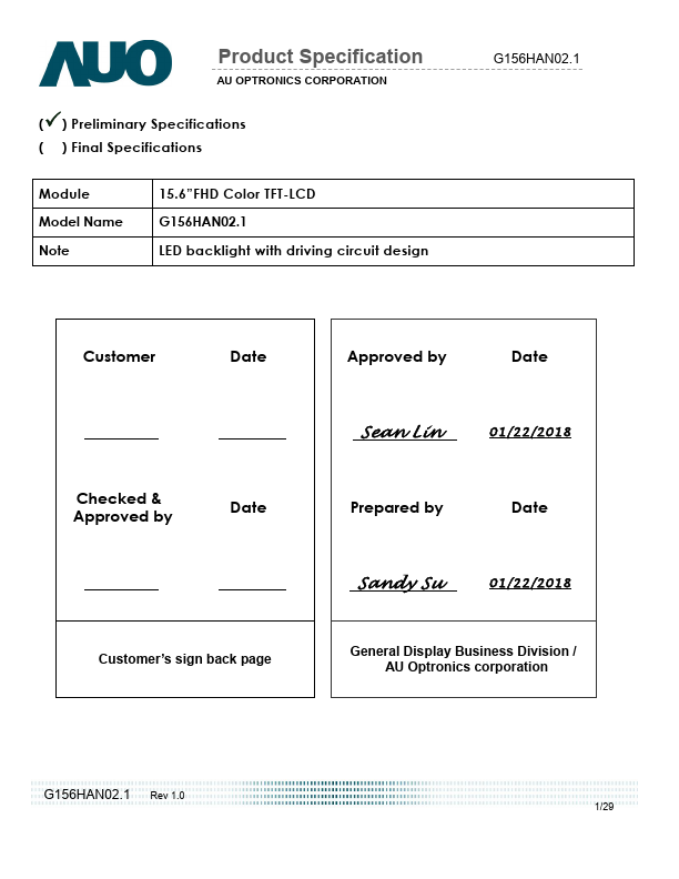 G156HAN02.1 Datasheet Preview