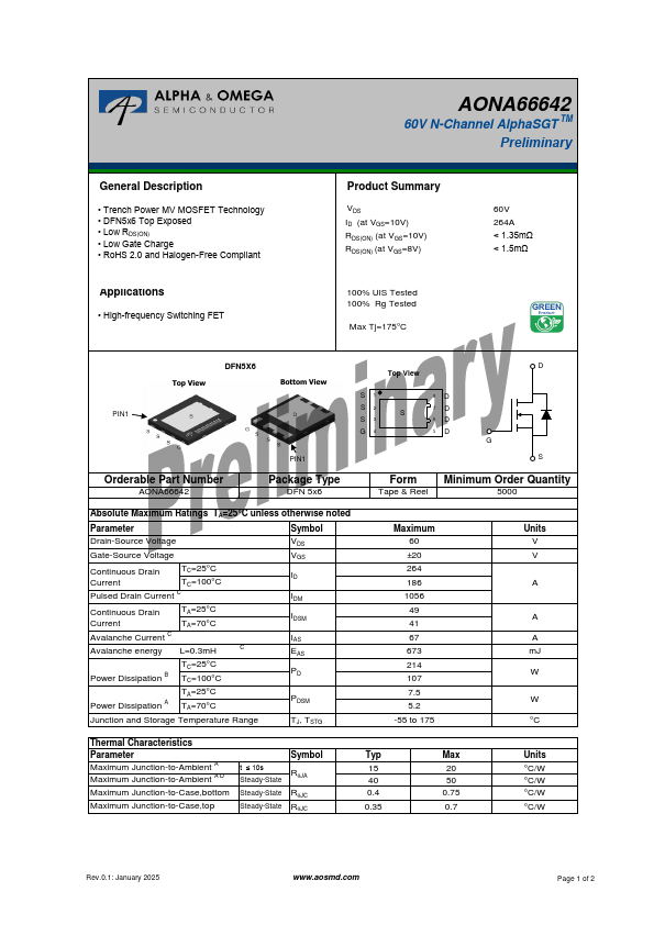 AONA66642 60V N-Channel MOSFET by Alpha & Omega Semiconductors - Datasheet Preview