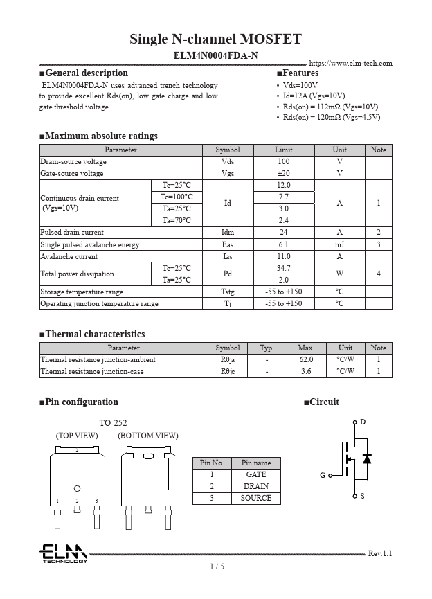ELM4N0004FDA-N Single N-channel MOSFET by ELM - Datasheet Preview