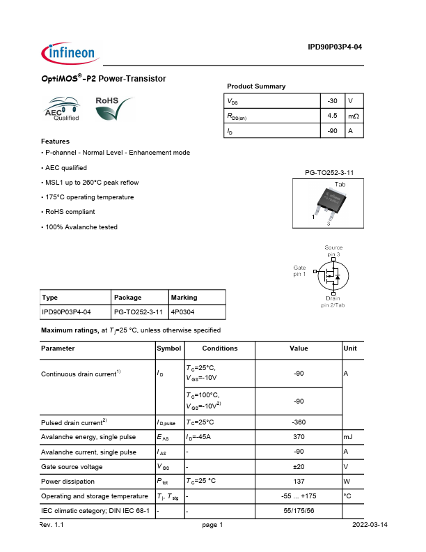 IPD90P03P4-04 Datasheet Preview