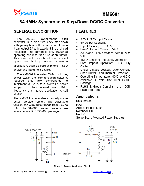 XM6601 5A 1MHz Synchronous Step-Down DC/DC Converter by XySemi - Datasheet Preview