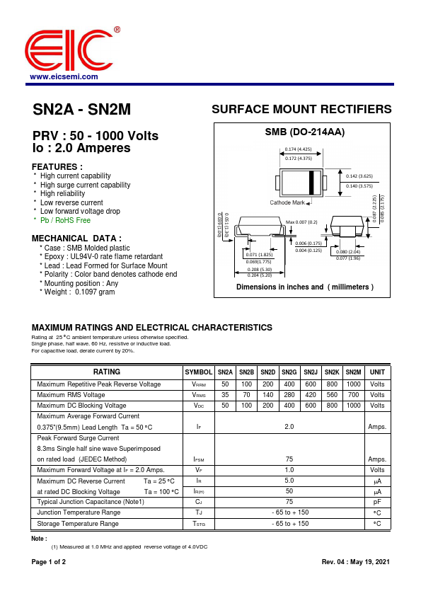 SN2D SURFACE MOUNT RECTIFIERS by EIC - Datasheet Preview