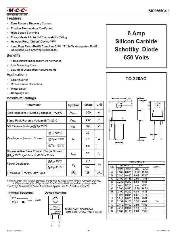 SIC0665G4J 6 Amp 650V Silicon Carbide Schottky Diode by MCC - Datasheet Preview
