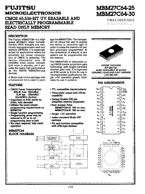 MBM27C64-30 CMOS EPROM by Fujitsu - Datasheet Preview