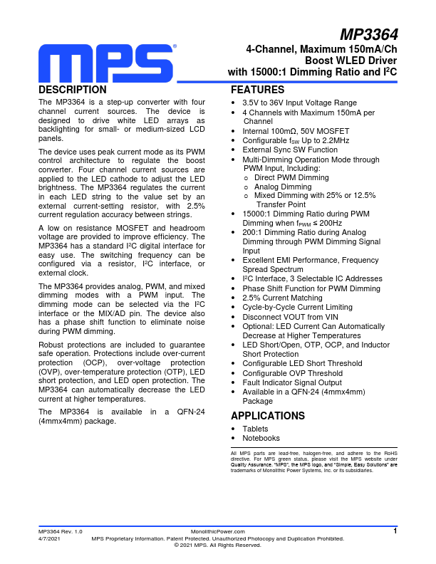 MP3364 4-Channel Boost WLED Driver by MPS - Datasheet Preview