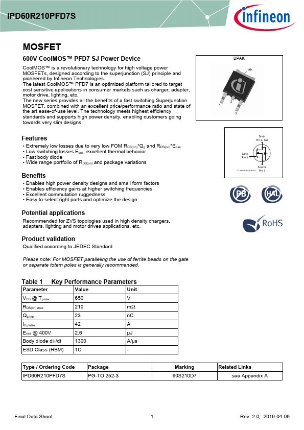 IPD60R210PFD7S Datasheet Preview