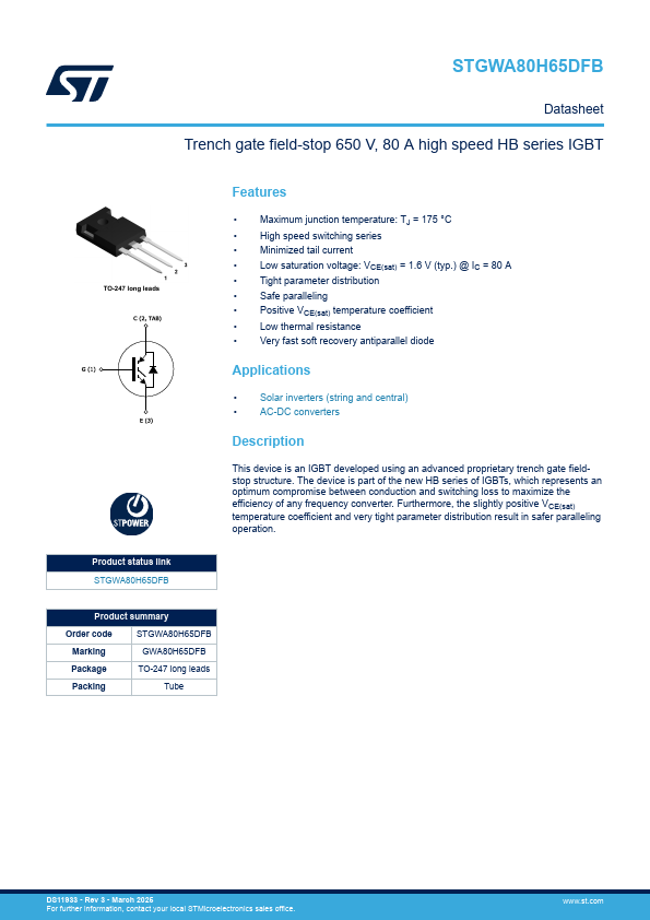 STGWA80H65DFB Datasheet Preview