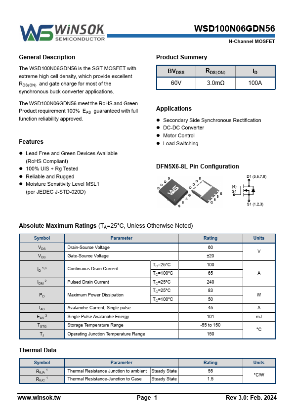 WSD100N06GDN56 Datasheet Preview