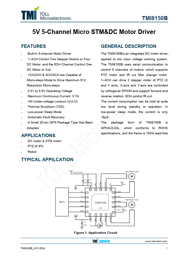 TMI8150B 5V 5-Channel Micro STM&DCMotor Driver by TOLL - Datasheet Preview
