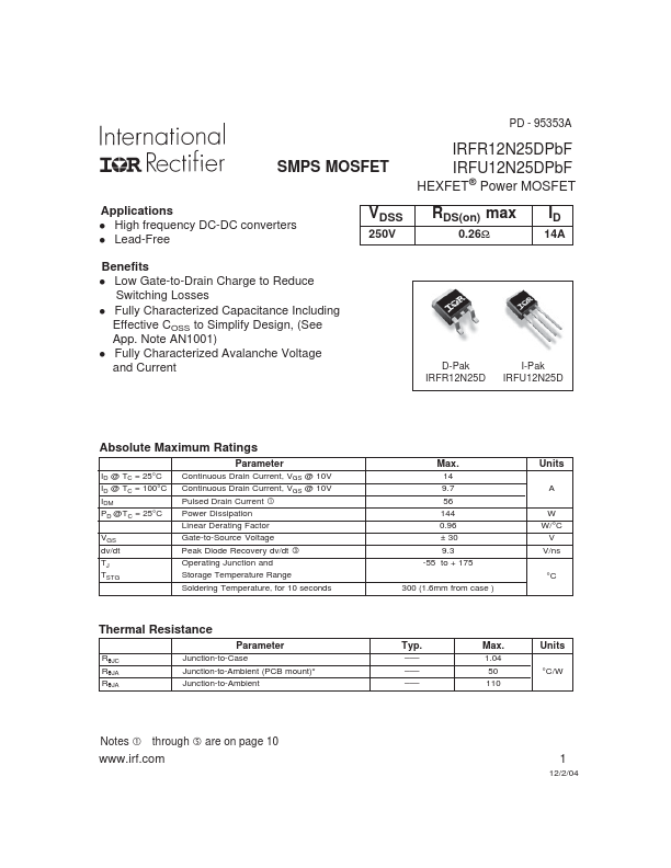 IRFR12N25DPbF