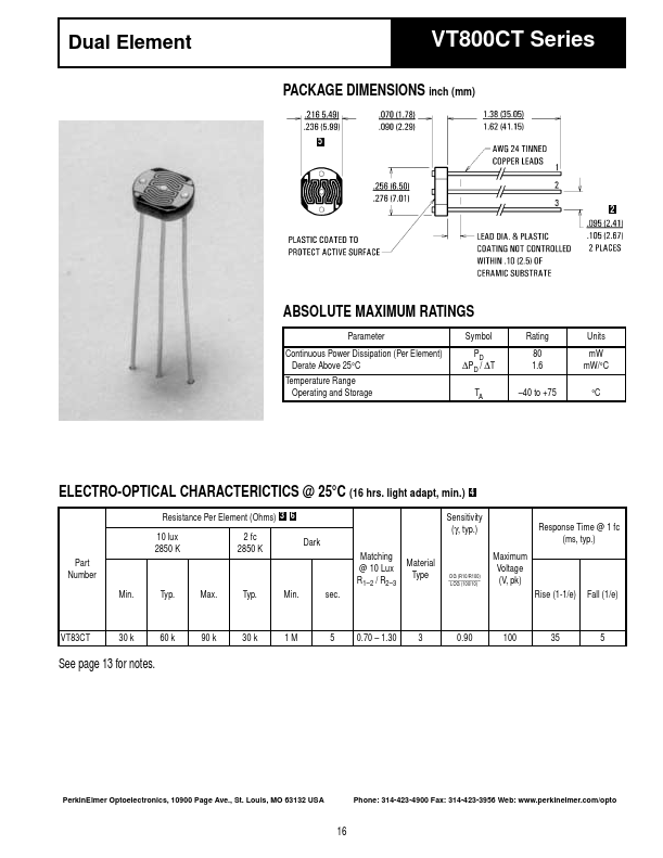 VT83CT Dual Element by PerkinElmer Optoelectronics - Datasheet Preview