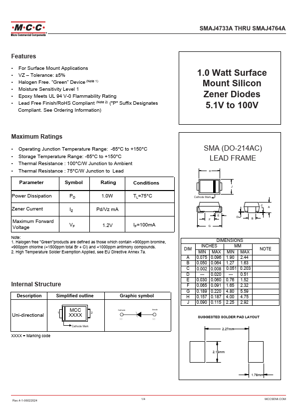 SMAJ4738A 1.0 Watt Surface Mount Silicon Zener Diodes by MCC - Datasheet Preview
