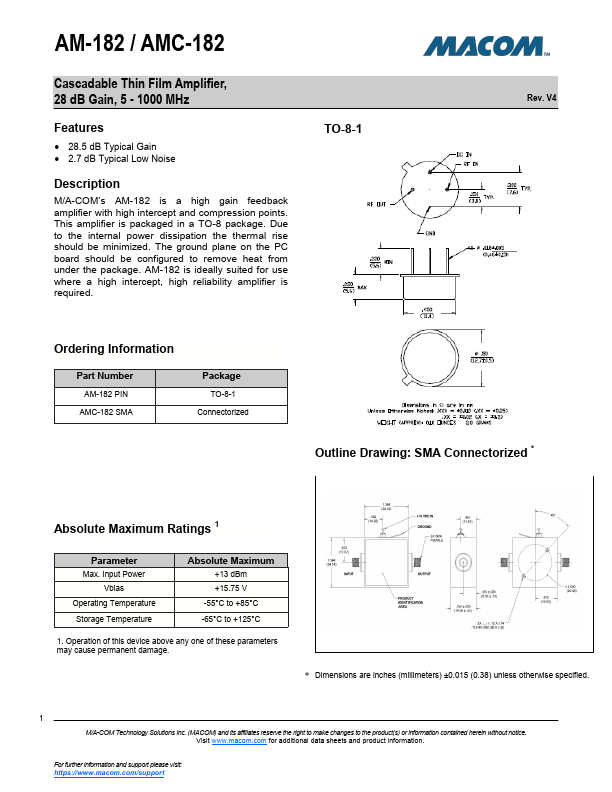 AM-182 Cascadable Thin Film Amplifier by MACOM - Datasheet Preview