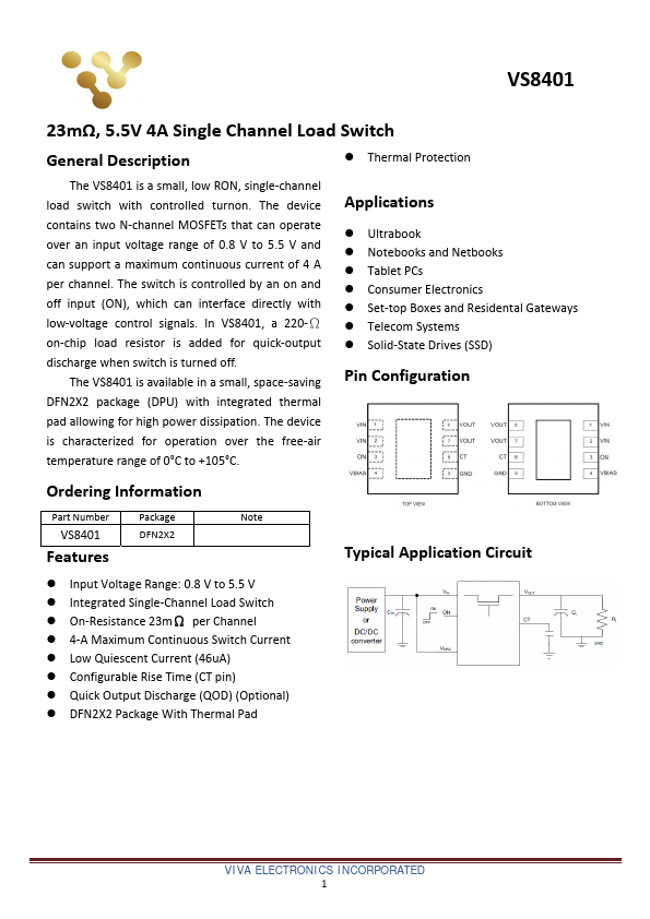 VS8401 5.5V 4A Single Channel Load Switch by Viva Electronics - Datasheet Preview