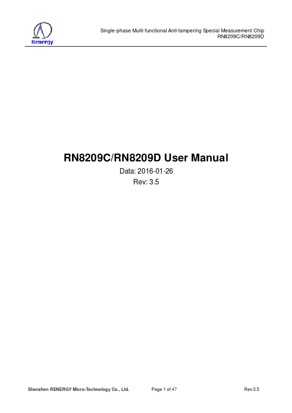 RN8209C Single-phase Multi-functional Anti-tampering Special Measurement Chip by Renergy - Datasheet Preview