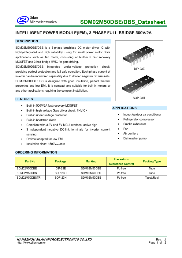 SDM02M50DBE 3 PHASE FULL-BRIDGE 500V/2A IPM by Silan Microelectronics - Datasheet Preview
