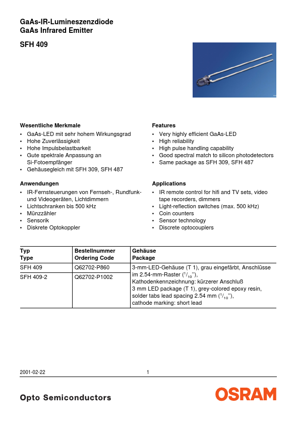 SFH409 GaAs Infrared Emitter by OSRAM - Datasheet Preview