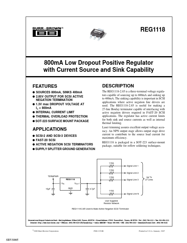 REG1118 800mA Low Dropout Positive Regulator by Burr-Brown - Datasheet Preview