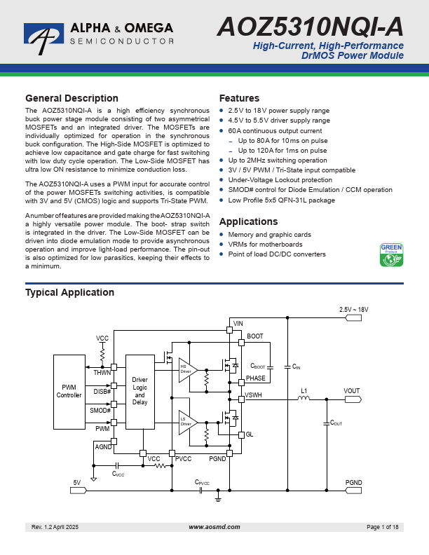 AOZ5310NQI-A High-Current High-Performance DrMOS Power Module by Alpha & Omega Semiconductors - Datasheet Preview