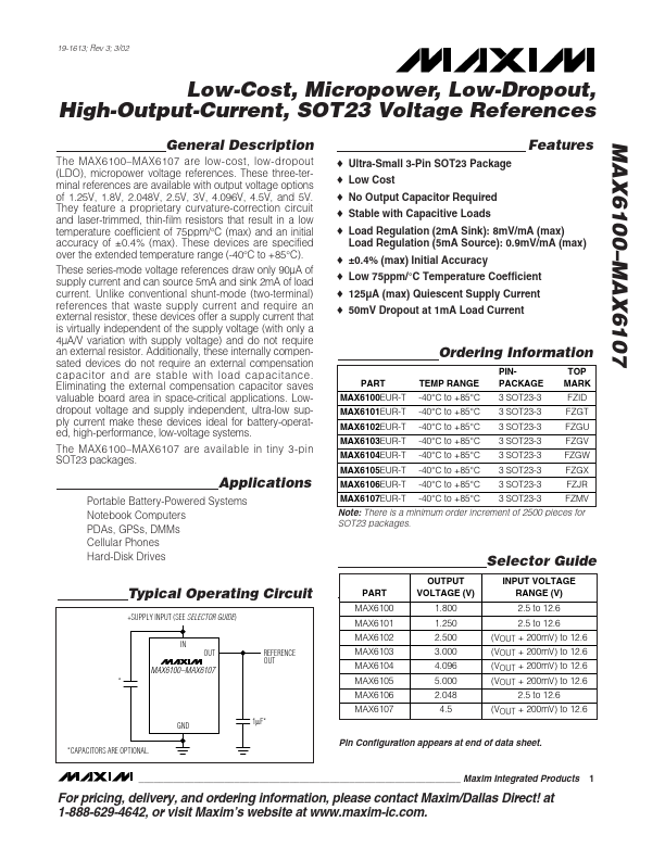 MAX6102 SOT23 Voltage References by Maxim Integrated - Datasheet Preview