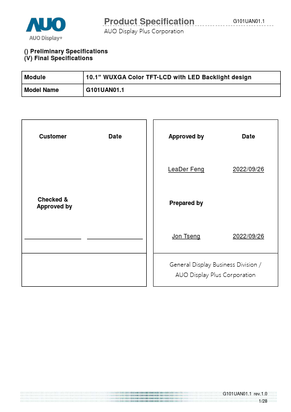 G101UAN01.1 Datasheet Preview