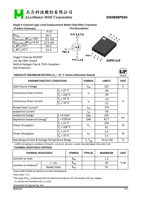 EMZB08P03H P-Channel Logic Level Enhancement Mode Field Effect Transistor by Excelliance MOS - Datasheet Preview