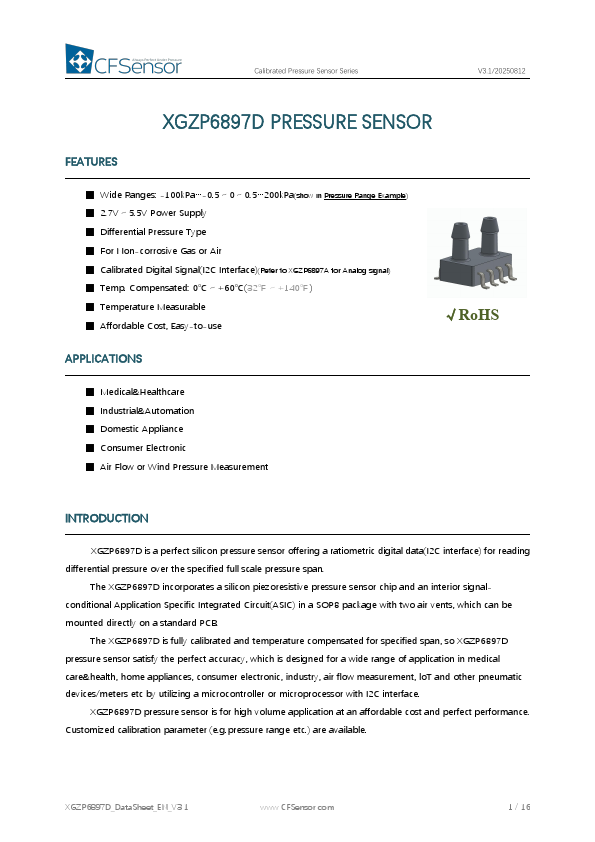 XGZP6897D Calibrated Pressure Sensor by CFSensor - Datasheet Preview