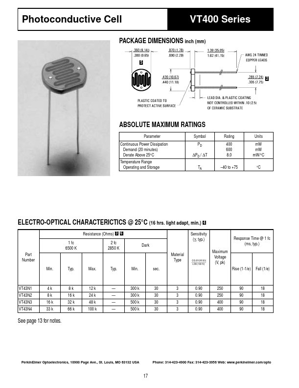 VT43N3 Photoconductive Cell by PerkinElmer Optoelectronics - Datasheet Preview
