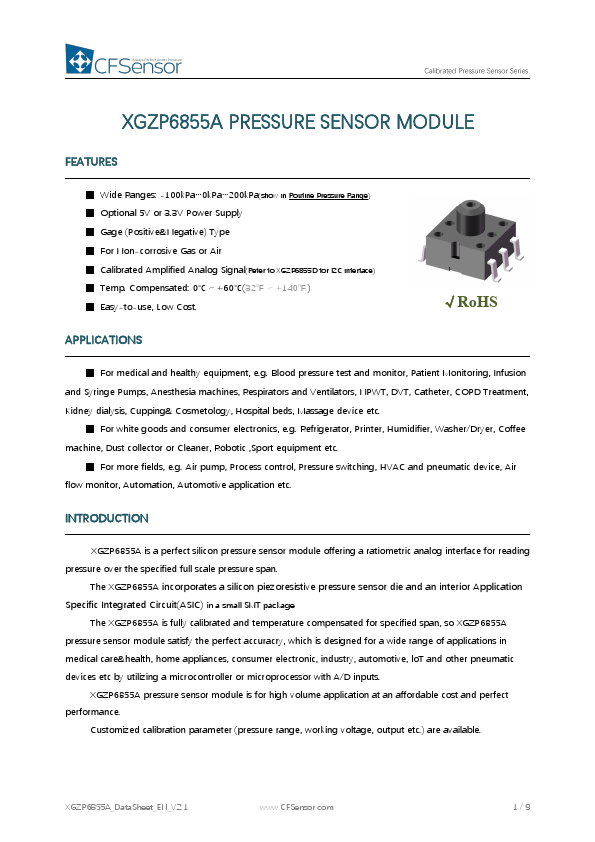 XGZP6855A Calibrated Pressure Sensor by CFSensor - Datasheet Preview