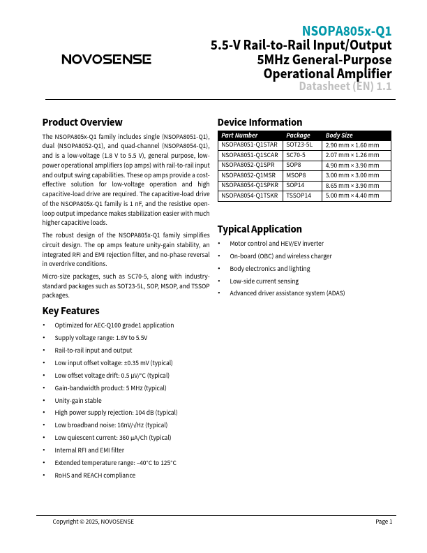 NSOPA8051-Q1 5.5-V Rail-to-Rail Input/Output 5MHz General-Purpose Operational Amplifier by NOVOSENSE - Datasheet Preview