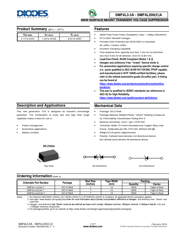 SMF4L8.5A 400W SURFACE MOUNT TRANSIENT VOLTAGE SUPPRESSOR by DIODES - Datasheet Preview