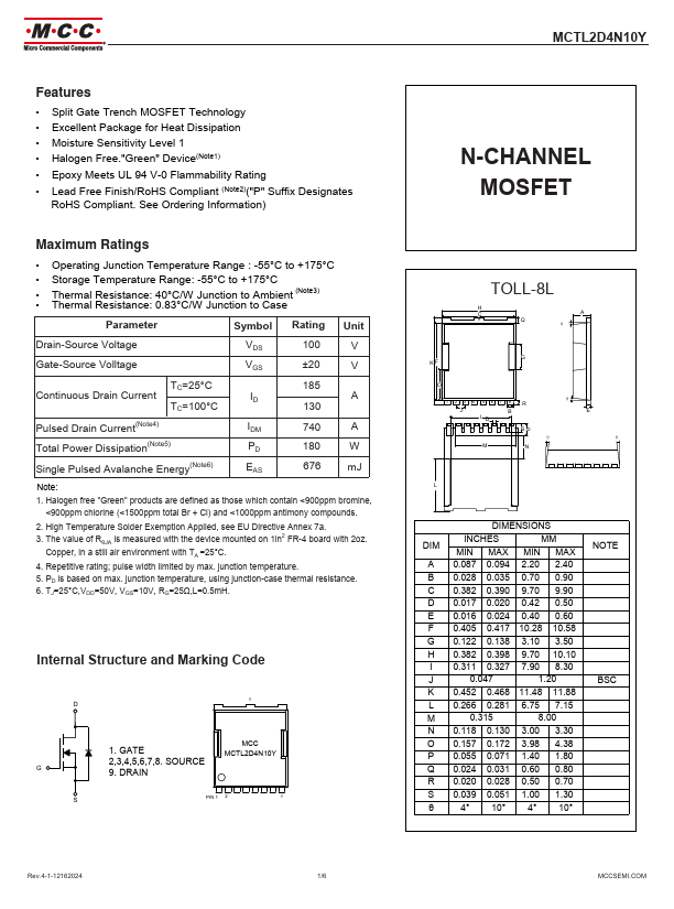 MCTL2D4N10Y N-CHANNEL MOSFET by MCC - Datasheet Preview