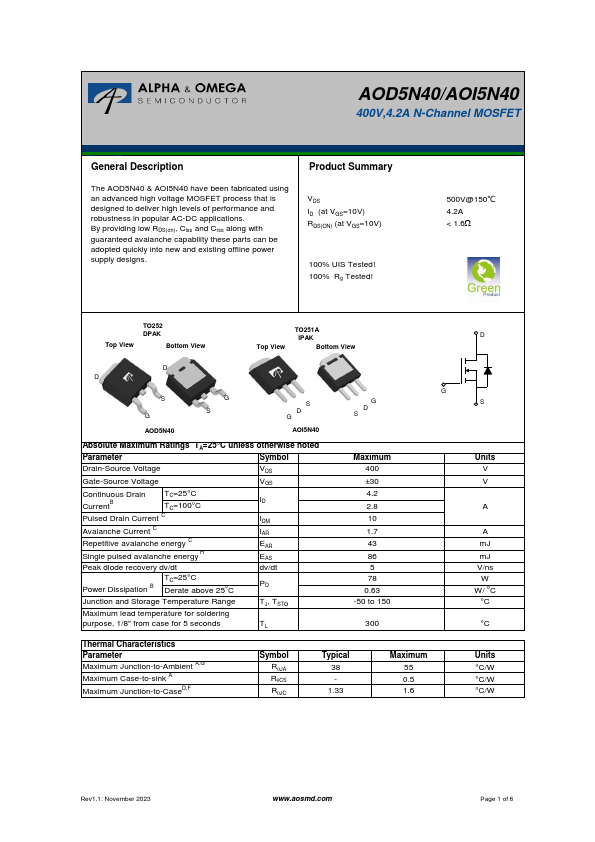 AOI5N40 Datasheet Preview