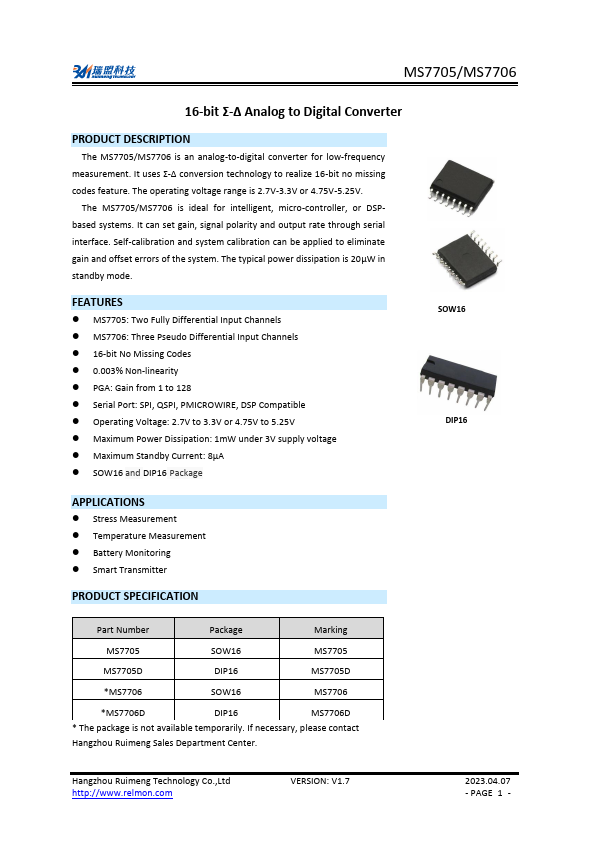 MS7706 16-bit Analog to Digital Converter by Ruimeng - Datasheet Preview