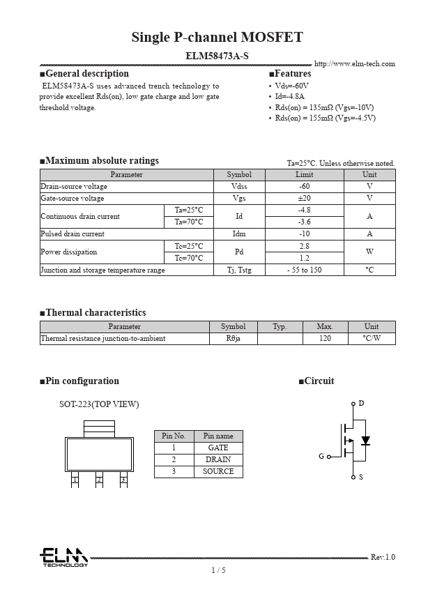 ELM58473A-S Single P-channel MOSFET by ELM - Datasheet Preview