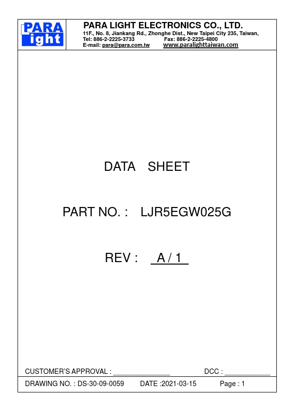 LJR5EGW025G DIA LED LAMP by PARA LIGHT - Datasheet Preview