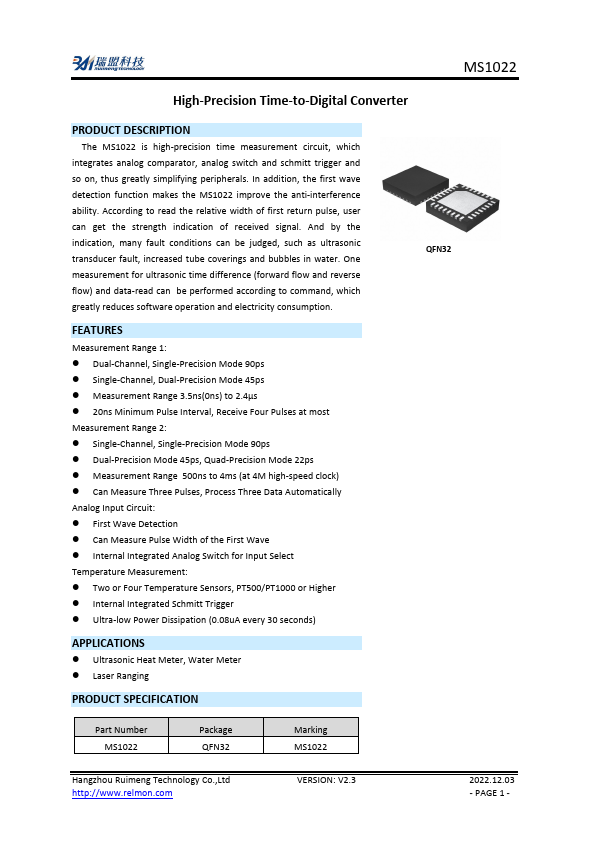 MS1022 High-Precision Time-to-Digital Converter by Ruimeng - Datasheet Preview