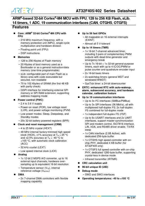 AT32F402CBU7 datasheet page 1 preview