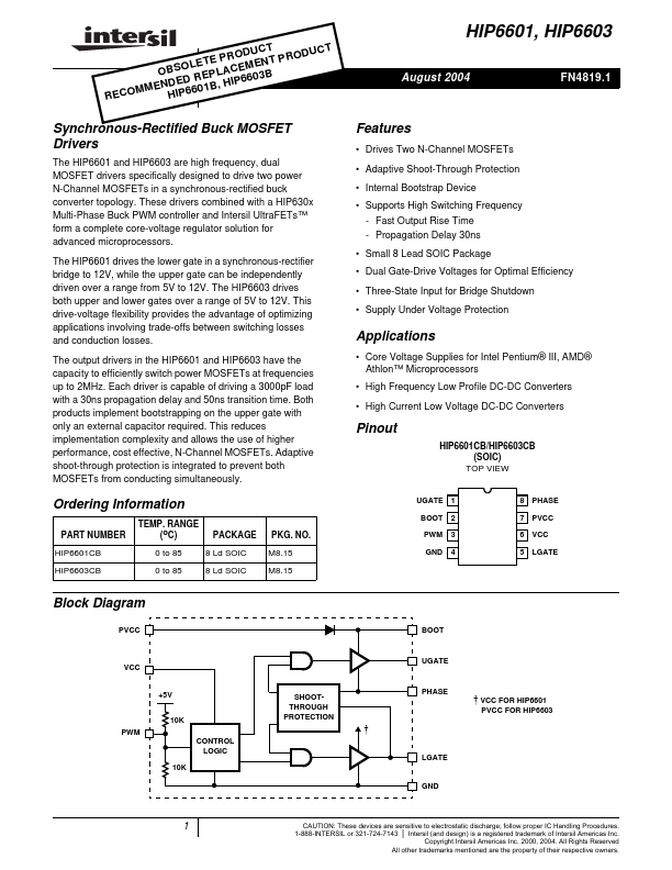 HIP6601 Synchronous-Rectified Buck MOSFET Drivers by Intersil - Datasheet Preview