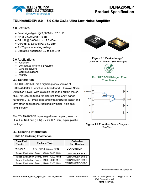 TDLNA2050EP GaAs Ultra Low Noise Amplifier by TELEDYNE - Datasheet Preview