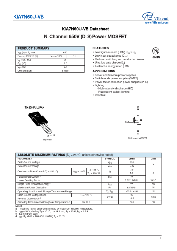 KIA7N60U Datasheet Preview