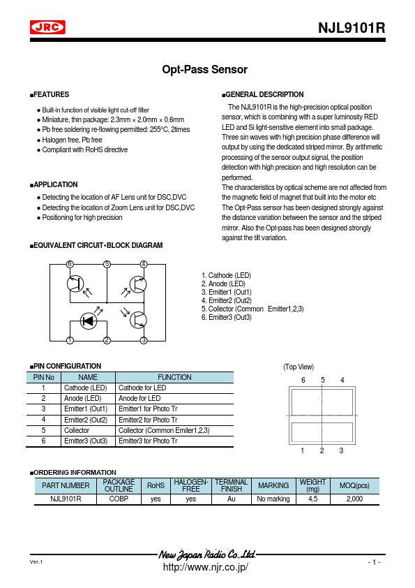 NJL9101R Opt-Pass Sensor by New Japan Radio - Datasheet Preview