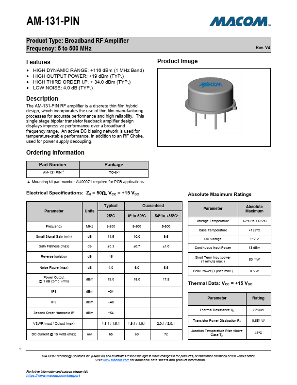 AM-131-PIN Broadband RF Amplifier by MACOM - Datasheet Preview